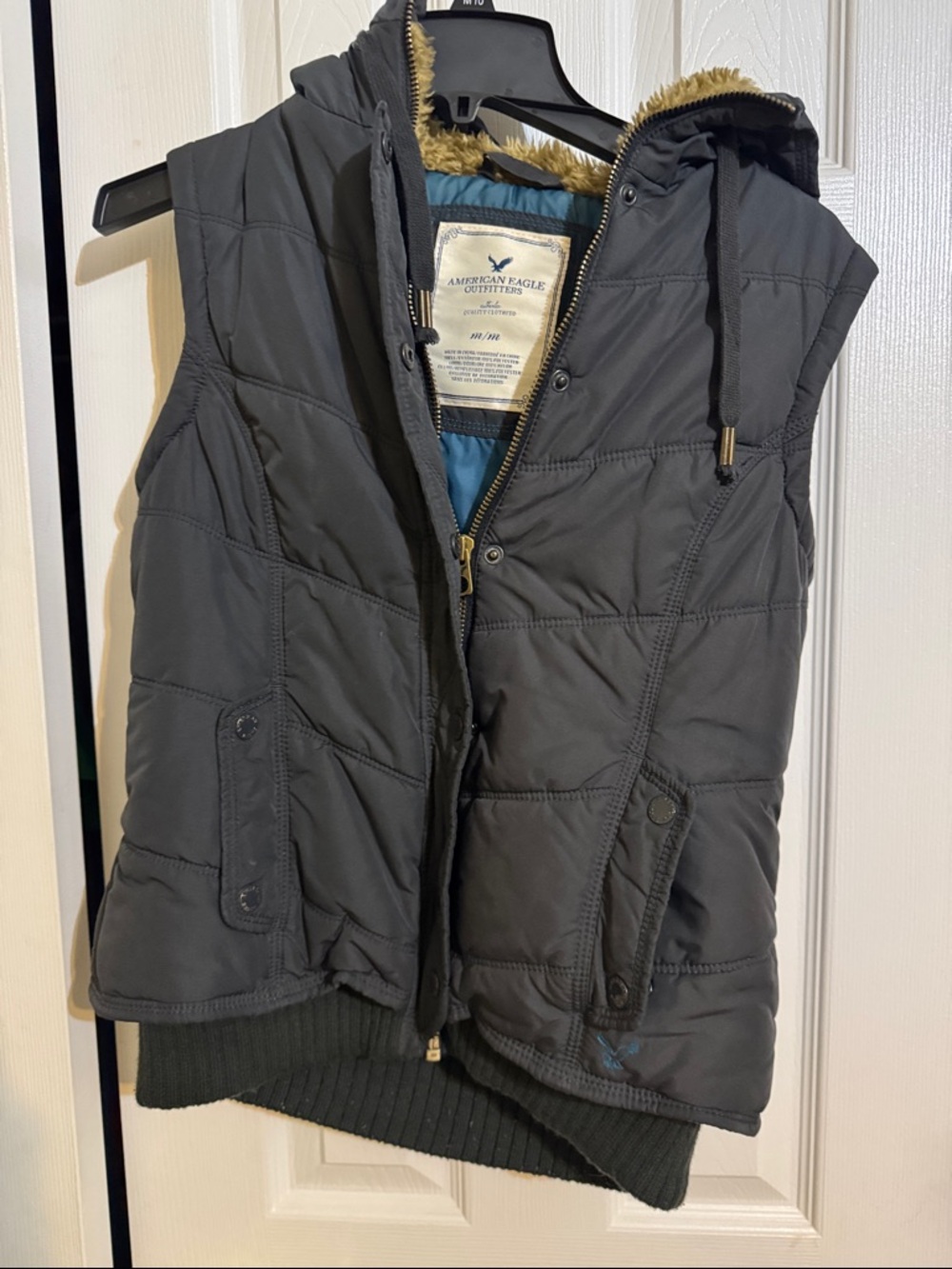 American Eagle Outfitters Charcoal Quilted Hooded Vest with Faux Fur Trim